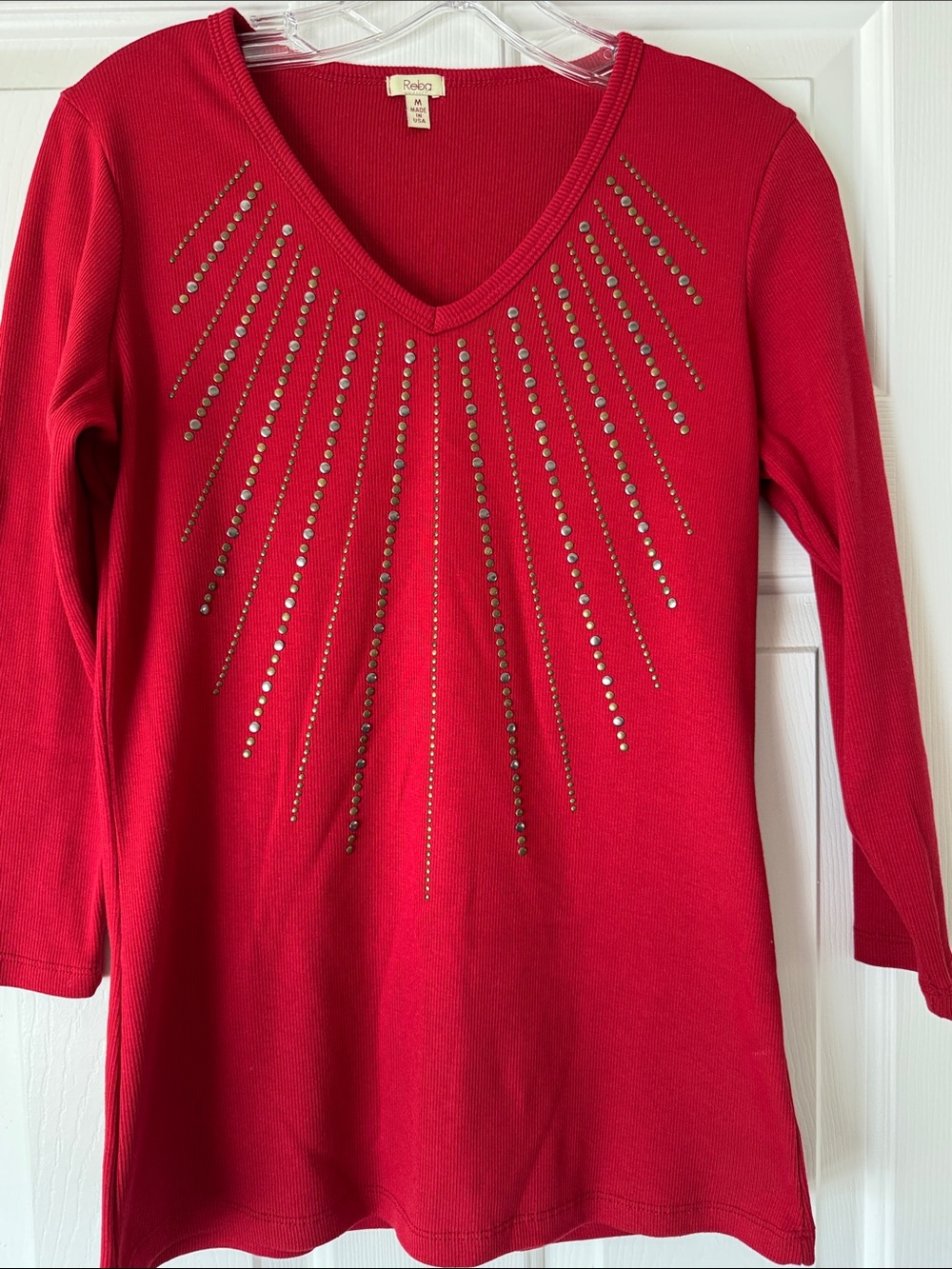 Reba Red V-Neck 3/4 Sleeve Top with Radiant Stud Detail